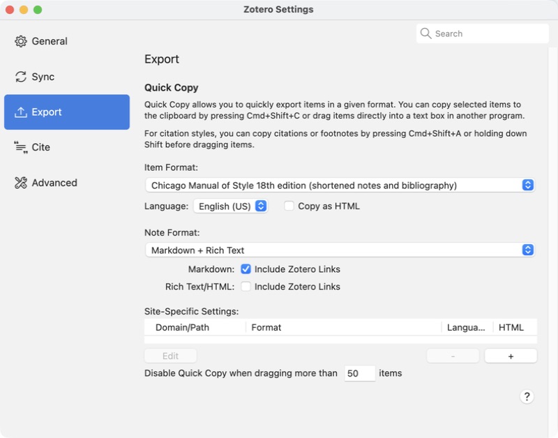 Zotero 导出设置中已勾选 Markdown 下的“包括 Zotero 链接”
